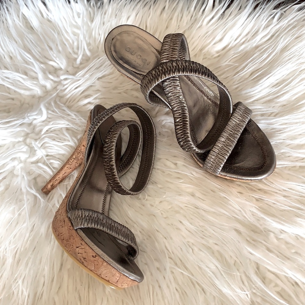 Authentic GUCCI Cork Metallicgray Leather High heels Shoes Size 7.5